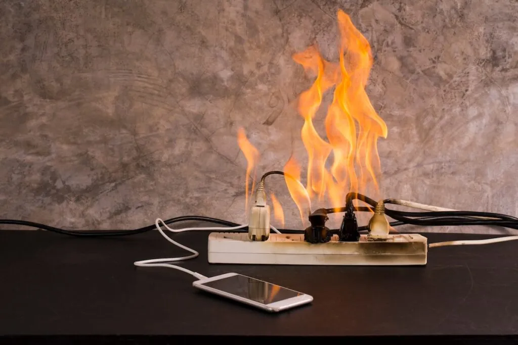 Short circuit An electrical outlet or electronic device bursts into flames while charging a mobile phone battery.