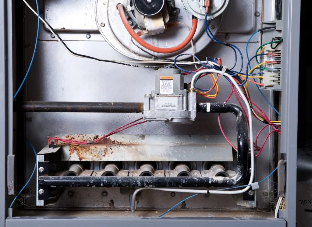 inside of a furnace that needs to be repaired