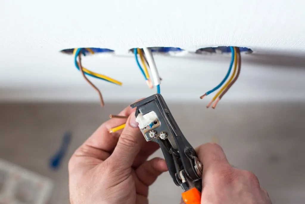 Electrician is repairing the sockets. Removes insulation from wires