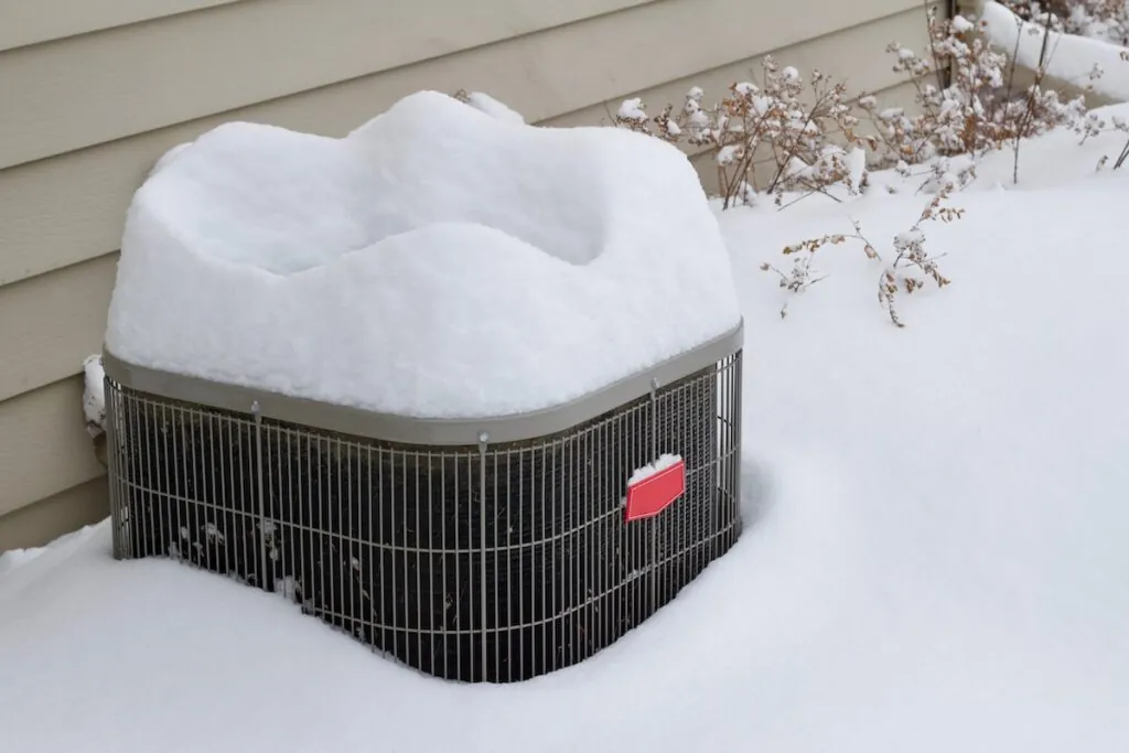 outdoor home air conditioner unit covered with deep snow in winter