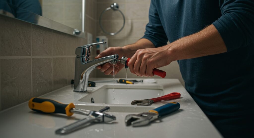 Handyman repairing a dripping bathroom sink faucet with professional tools
