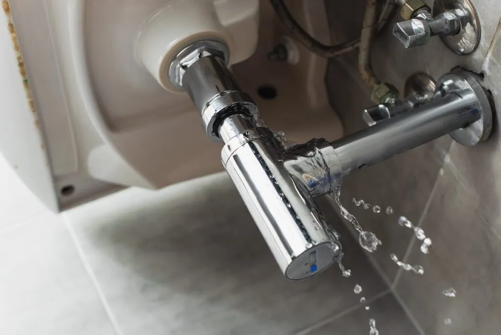 Leaking steel pipe under sink with water drops