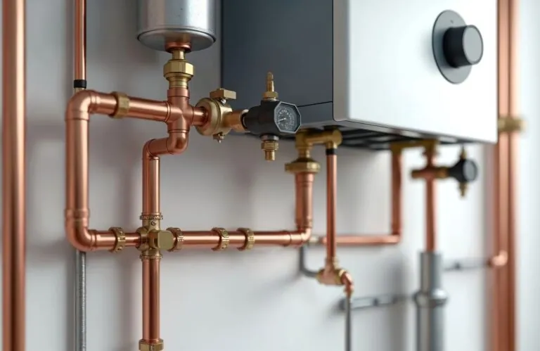 Copper pipes, valves, pressure gauge, gas boiler details, central heating system