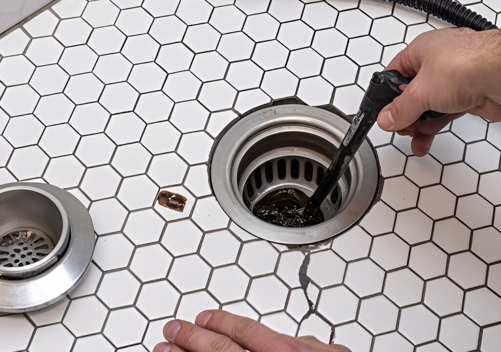 Plumber Unclogging Blocked Shower Drain with Hydro Jetting Sewer Cleaning Service