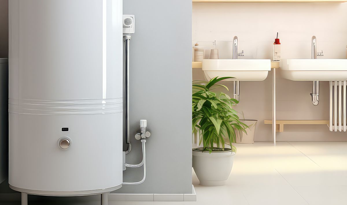 Interior of the room with modern water heater. Bathroom Water boiler for home, alternative water heating for private