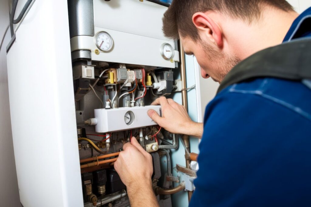 Repairman fixing a broken electric boiler