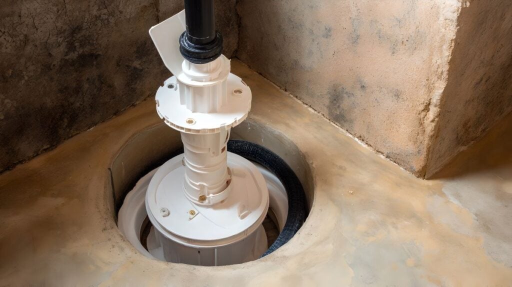 A clean, white sump pump is neatly installed