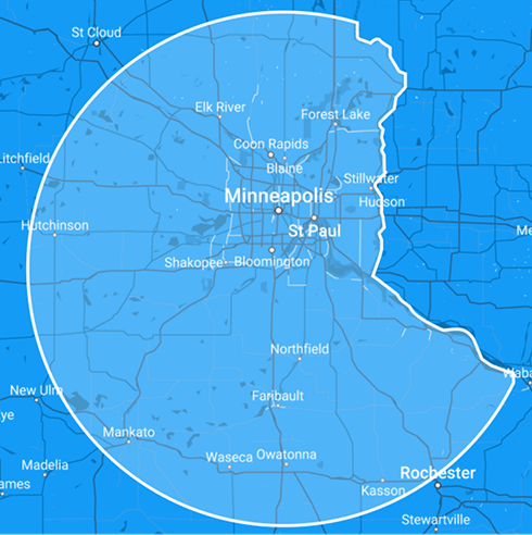 Blue map centered on the Minneapolis–Saint Paul area with a large white circular outline highlighting the metro region.