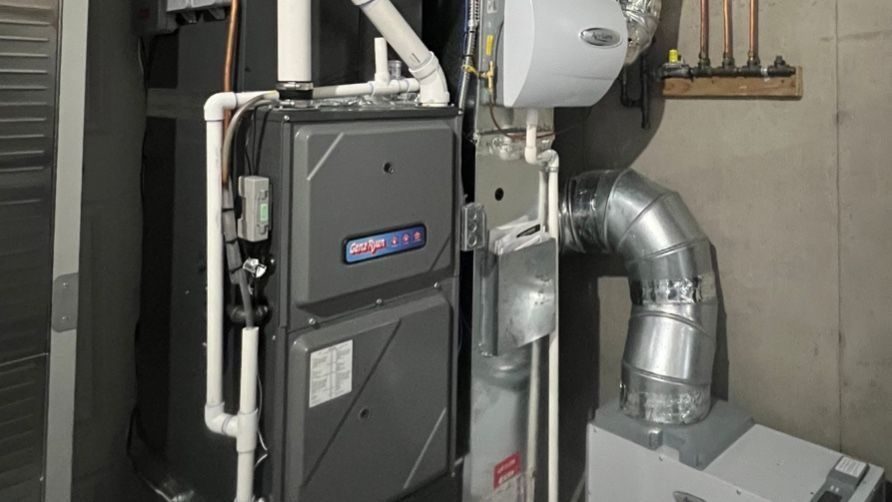 Heating unit installed in basement.